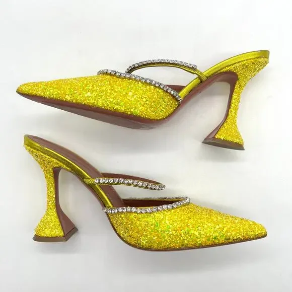 AMINA MUADDI Glitter Gilda Heeled Mule Women 8 Yellow Rhinstone Strap Pointy Toe - Picture 6 of 16